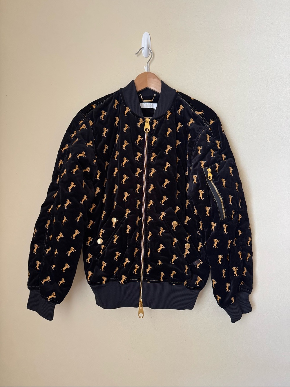 Chloe Horse Embroidered Velvet Bomber Jacket Black Size 34